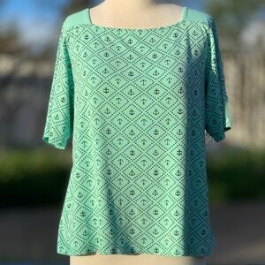 Croft & Barrow Light Teal Green & Navy Blue Nautical Short Sleeve Top ~ Size XL